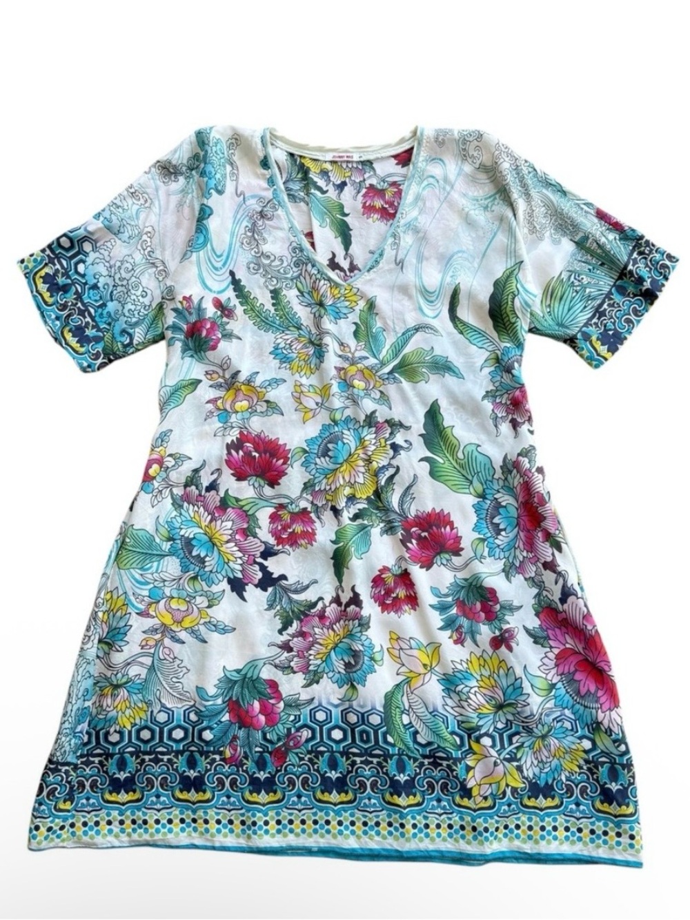 Johnny Was White Floral V‑Neck Silk Tunic Short Sleeve Multicolor Dress